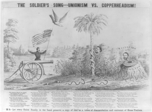 Plakat, das eine Person zeigt, die auf einer Kanone steht, eine Fahne hält und von Bäumen, Pflanzen und einer Schlange umgeben ist, mit der Aufschrift 'The Soldier's Song - Unionism vs Copperheadism.'
