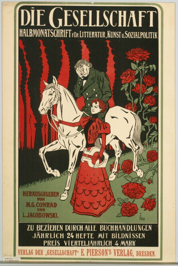 Deutsches Propagandaplakat namens 'Gesellschaft' mit einem Mann und einer Frau auf einem Pferd umgeben von Rosen mit Text.