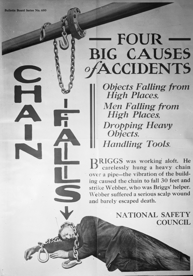 Schwarz-weißes Plakat mit der Aufschrift "Vier große Unfallursachen" und einem Bild einer Person auf einem Pfahl mit Ketten.