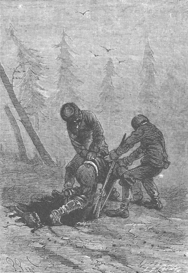 Eine Schwarz-Weiß-Radierung von zwei Männern in einem bewaldeten Gebiet, einer hält eine Waffe, mit Vögeln am Himmel und Text unten lesbar 'Der Tod eines deutschen Soldaten'.