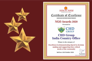 Auszeichnung "Exzellenzzertifikat" für die NGO Awards 2020 an Chd Group India Country Office verliehen, mit einem Schild-Logo mit einem zentralen Stern und einem Lorbeerkranz.