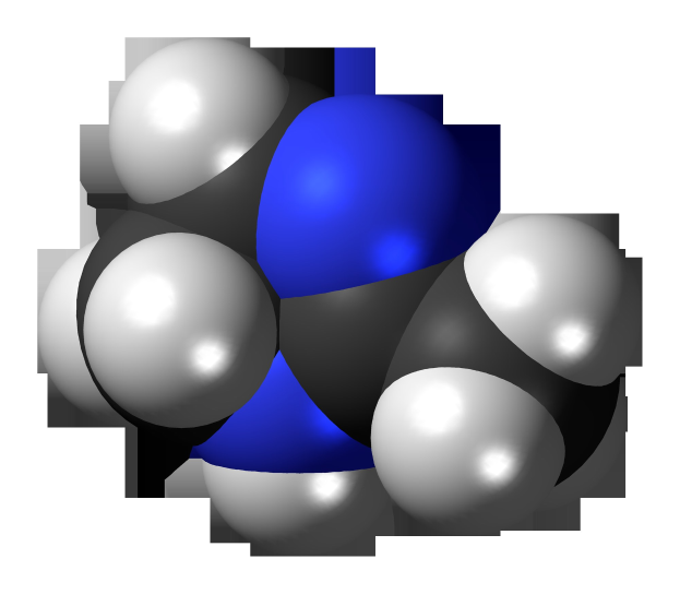 Molekülares Modell eines Wasserstoffatoms mit blauen und silbrigen Kugeln auf wei├čem Hintergrund.