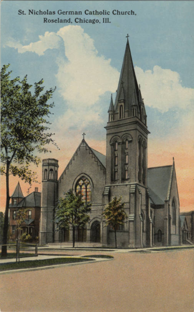 St. Nikolaus Deutsche Katholische Kirche in Roseland, Chicago, Illinois, dargestellt auf einer alten Postkarte mit umliegenden Gebäuden, Bäumen und einem bewölkten Himmel, mit Text oben.