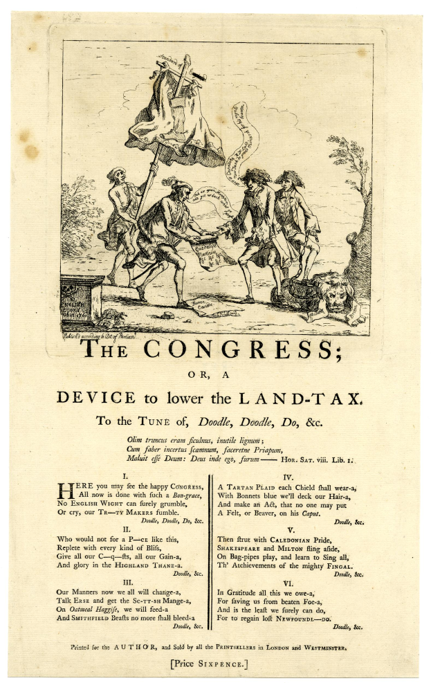 Ein Blatt mit einer Zeichnung einer vielseitigen Gruppe von Menschen in traditioneller Kleidung und fetter Schrift, die "Der Kongress oder, Vorrichtung zur Senkung der Grundsteuer" lautet, umgeben von einem dekorativen Rahmen.