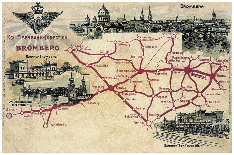 Detailiertes Plakat mit Stadtplan von Bromberg, Deutschland, das Straßen, Sehenswürdigkeiten, Gebäude, Bäume, eine Brücke und informativen Text über die Stadt zeigt.