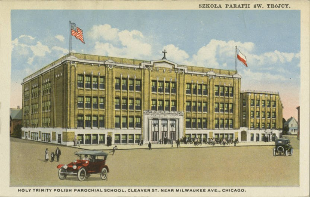 Plakat der Heiligen Dreifaltigkeit Polnische Pfarrschule in Cleveland, Ohio, zeigt ein Gebäude mit Fenstern, Menschen, Fahrzeugen, Flaggen und Text unter einem bewölkten Himmel.