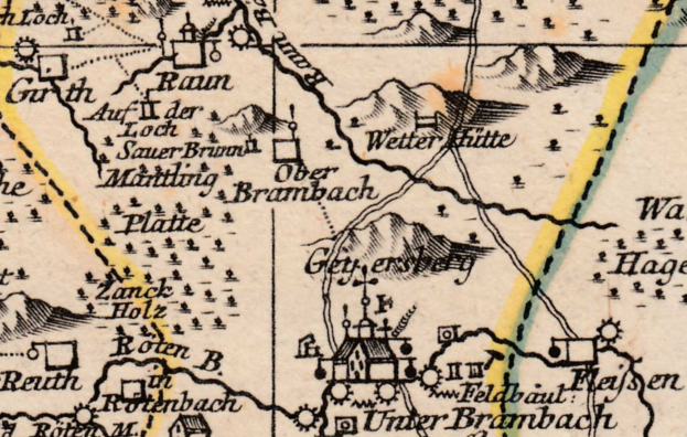 Ein detailliertes altes Stadtplan von Brambach, Deutschland, mit Straßen, Gebäuden, Sehenswürdigkeiten, Illustrationen von Häusern und Bergen.