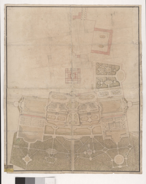 Ein detailliertes Stadtplanbild mit zahlreichen Gebäuden, darunter eine markante zentrale Struktur, begleitet von beschreibendem Text.