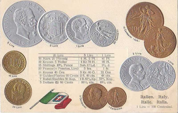 Eine Sammlung italienischer Münzen von 1877-1910, darunter mehrere 20-Lire-Münzen, die auf Papier in einer Reihe angeordnet sind, mit Text und Porträts und zwei Flaggen unten, darunter die italienische Flagge.