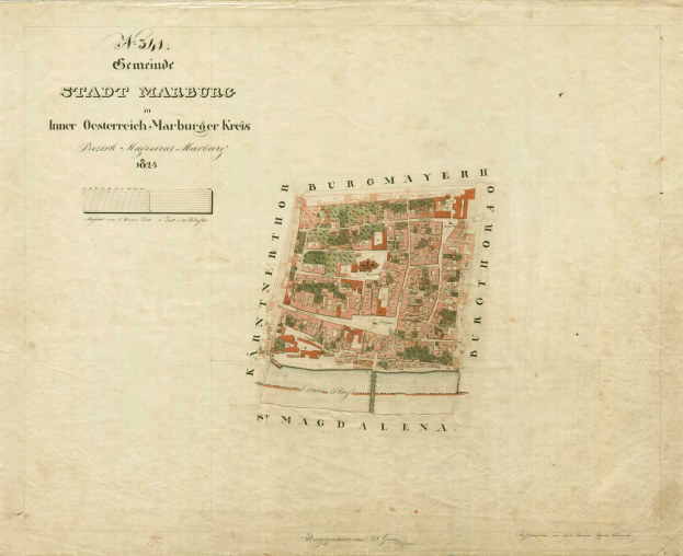 Detailierte alte Stadtplan von Marburg mit Straßen, Gebäuden und Sehenswürdigkeiten mit beschreibenden Textanmerkungen.