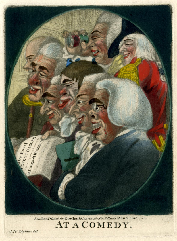 Eine Gruppe von Menschen in einem Kreis, die lachen und Spaß haben, wobei eine Person ein Blatt Papier hält und unten ein Text steht, der 'Bei einer Comedy' lautet.