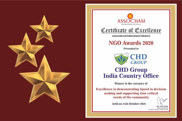 Auszeichnung für den NGO Award 2020 mit dem Text "Chd Group India Country Office" und einem Schild-Logo mit einem zentralen Stern und einem Lorbeerkranz.