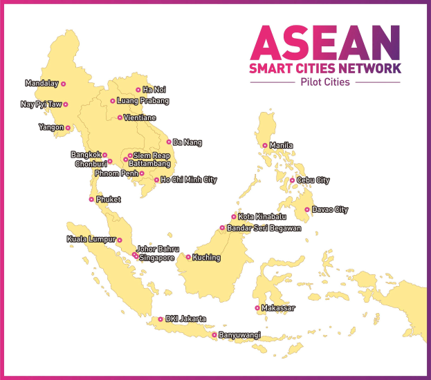 Ein Plakat mit einer detaillierten Karte des ASEAN Smart Cities Network, auf dem die Pilotstädte und -orte markiert sind.
