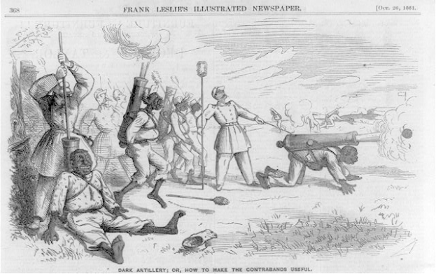 Ein Schwarz-Weiß-Cartoon von Männern in einem Feld, einige halten Gewehre und andere liegen am Boden, mit Text oben und unten, der "Dunkle Artillerie oder Wie man die Kontrabandware nutzt" lautet.