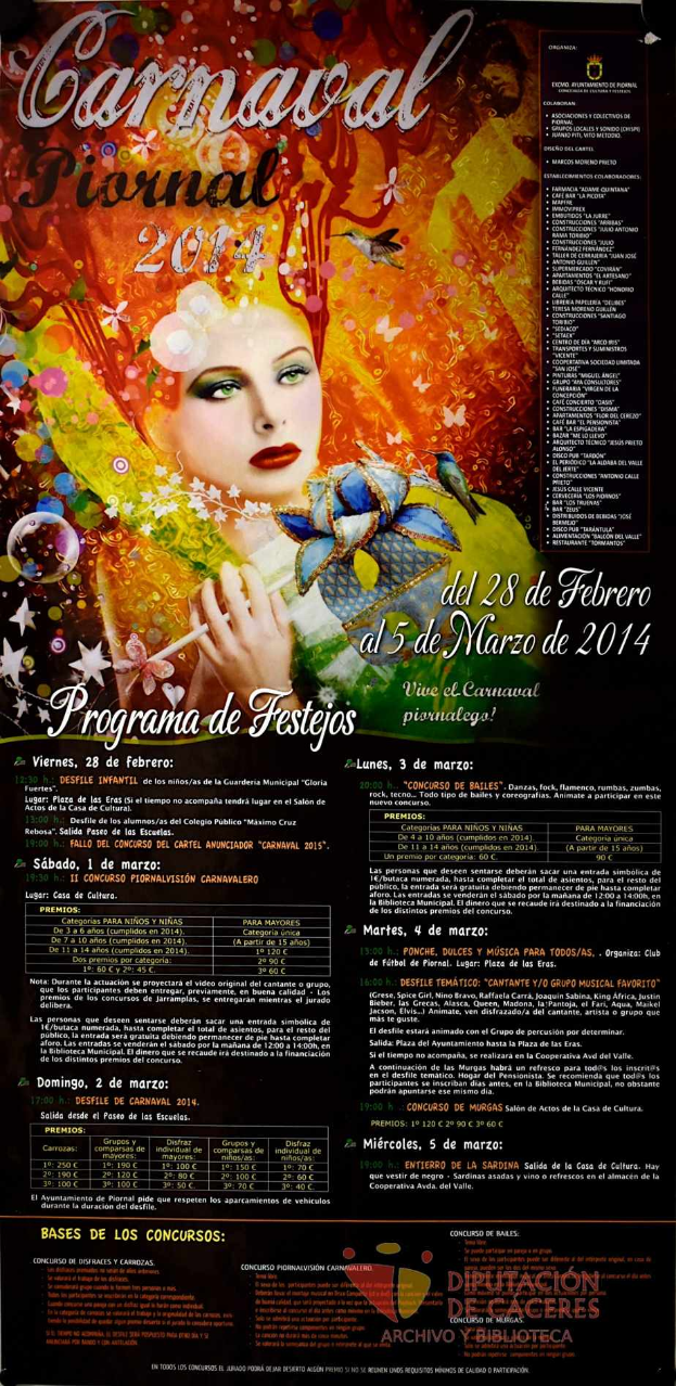 Eine Frau in einem farbenfrohen Kleid, die lächelt, umgeben von der Schrift "Carnaval Festival 2014" in fetter schwarzer Schrift auf einem leuchtend gelben Hintergrund.