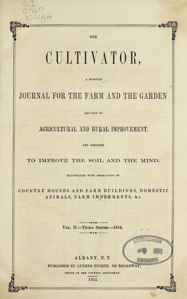 Ein aufgeschlagenes Buch mit dem Titel 'Der Kultivator, Journal für den Hof und den Garten' mit sichtbarem Text auf der Seite.