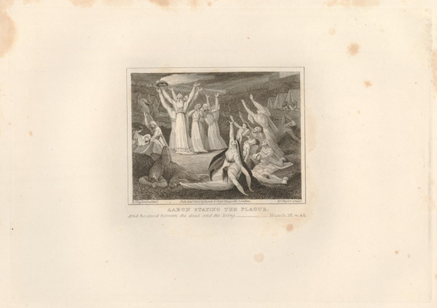 Schwarze und weiße Radierung, die eine Gruppe verzweifelter Menschen in einem Feld zeigt, mit der Inschrift "Aaron Staying the Plague" unten, unter einem tiefblauen Himmel mit einem untergehenden, orangen leuchtenden Sonnenuntergang.