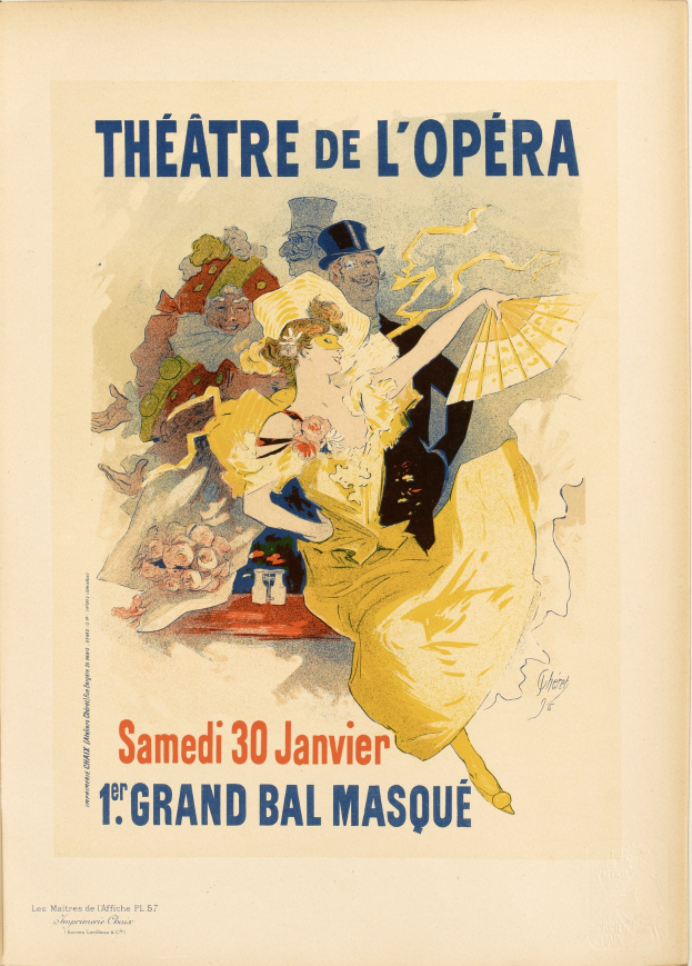 Plakat für das Théâtre de l'Opéra in Paris, Frankreich, das eine Frau in einem weißen Kleid mit einem blauen Schal, ihre Haare zu einem Dutt gebunden, vor einem tiefblauen Hintergrund mit Sternen und schwarzer Schrift zeigt, die 'Theater der Oper' lautet.