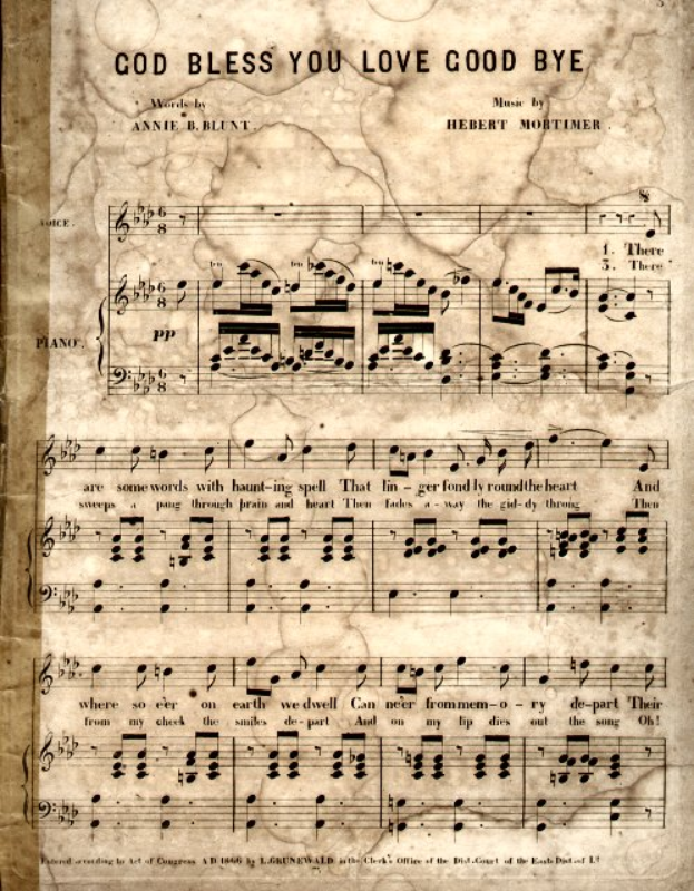 Ein altes Notenblatt mit dem Titel "God Bless You Love Goodbye" mit musikalischen Noten und Symbolen, die die Melodie und den Rhythmus des Liedes angeben.