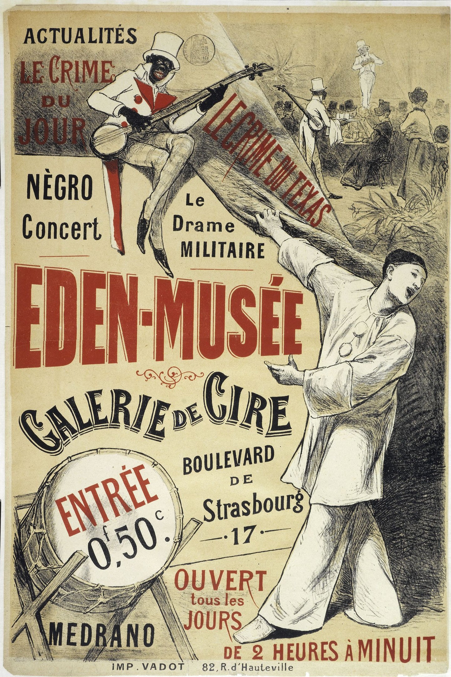 Plakat, das das Eden-Musee Galerie de Cire in Straßburg, Frankreich, ankündigt und eine Person zeigt, die ein Musikinstrument spielt, umgeben von anderen Musikern mit Text, der eventuelle Details enthält.