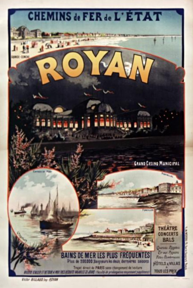 Ein Plakat, das das Royal Casino in Paris, Frankreich bewirbt, zeigt ein Schiff, das auf dem Wasser fährt und von Gebäuden, Bäumen und einem bewölkten Himmel umgeben ist, mit Text.