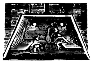 Schwarze und weiße Zeichnung von zwei Fußballspielern im Einsatz in der Nähe eines Torpfostens während eines Spiels.