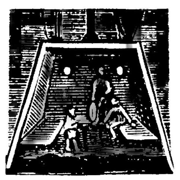 Schwarze und weiße Zeichnung von zwei Fußballspielern im Einsatz in der Nähe eines Torpfostens während eines Spiels.