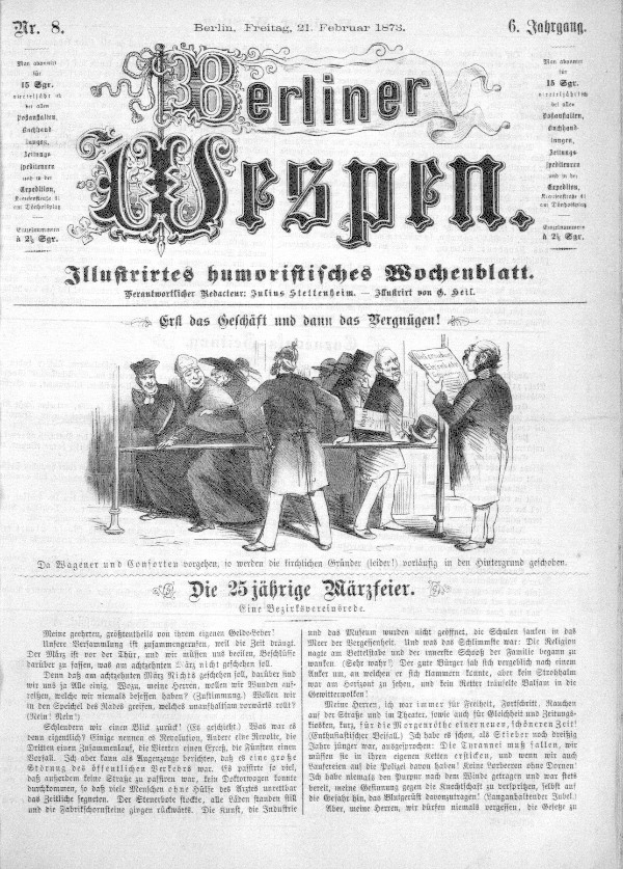 Eine alte deutsche Zeitung namens "Berliner Wespen" vom 21. Februar 1873, die ein Foto einer Gruppe von Menschen in traditioneller deutscher Kleidung zeigt.