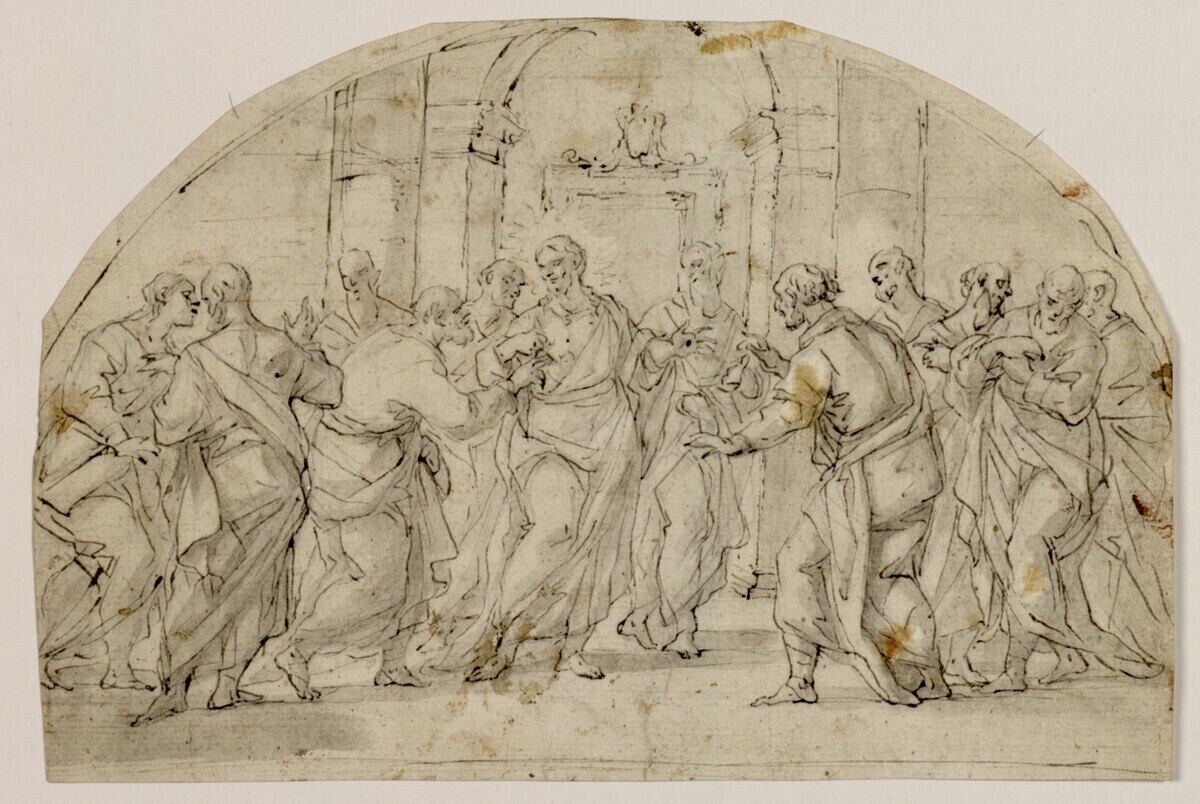 Eine Strichzeichnung einer Gruppe von Menschen in einem schmucklosen Raum, einige schauen ängstlich nach oben, andere verwirrt nach unten.