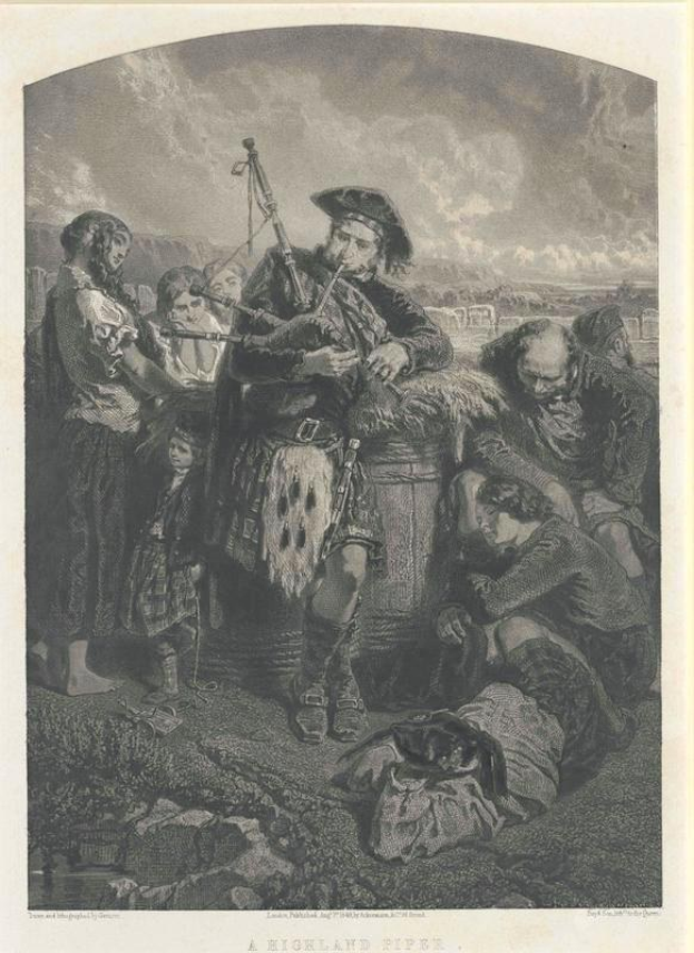 Schwarz-weißes Gravur eines Mannes, der eine Dudelsack vor einer Gruppe von Menschen spielt, mit einem bewölkten Himmel im Hintergrund, beschriftet mit "Ein Highland-Pfeife" unten.