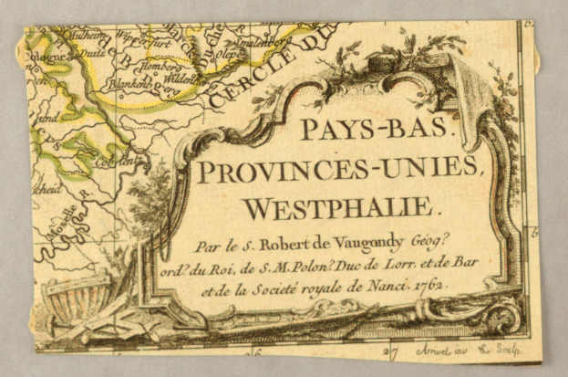 Ein altes Kartenblatt von Westfalen auf einem Blatt Papier, das geografische Merkmale wie Fl├╝sse, Berge und St├Ądte zeigt, mit begleitendem Text, der zus├Ątzliche Informationen ├╝ber die Region und ihre Bewohner liefert.