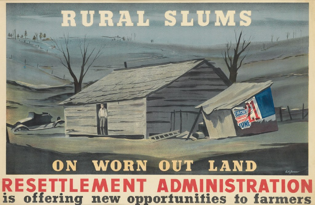 Plakat mit der Aufschrift "ländliche Slums auf abgenutztem Land" bewirbt Umsiedlungsmöglichkeiten für Farmer und zeigt eine Illustration einer Person vor einem Haus mit Bäumen drumherum.