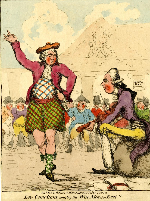 Cartoon-Illustration eines Mannes in einem Kilt und einer Frau in einem Kleid, die vor einem Publikum auf einer Bühne stehen, mit der Bildunterschrift 'Niedrige Komiker amüsieren die weisen Männer des Ostens'