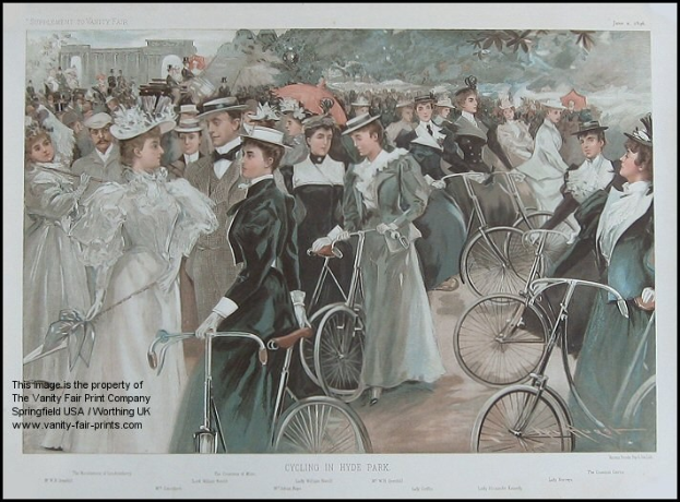Eine Gruppe von Menschen, die Fahrräder in Hyde Park, London fahren, mit Bäumen und einem Gebäude im Hintergrund und Text unten.