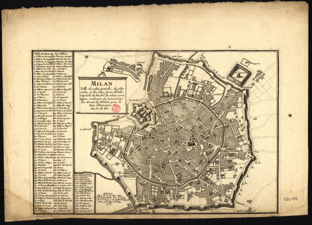 Ein altes Stadtplan von Mailand, Italien, mit einem schwarzen Hintergrund, der Straßen, Gebäude und Sehenswürdigkeiten zeigt, mit Text, der zusätzliche Informationen bietet.