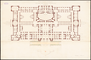 Ein detaillierter Grundrissplan des Reichstags in Berlin, Deutschland, der den Aufbau der kreisförmigen Struktur zeigt, einschließlich Räumen, Fluren, Fenstern und Türen, mit begleitendem Text, der weitere Informationen bereitstellt.