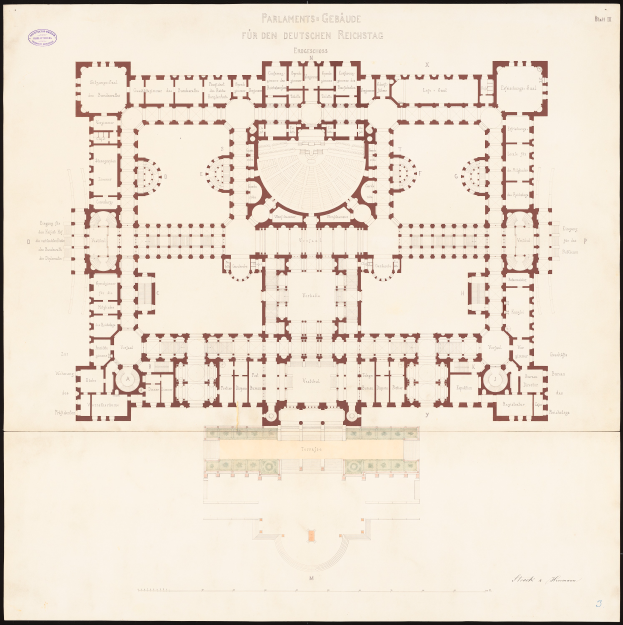 Ein detaillierter Grundrissplan des Reichstags in Berlin, Deutschland, der den Aufbau der kreisförmigen Struktur zeigt, einschließlich Räumen, Fluren, Fenstern und Türen, mit begleitendem Text, der weitere Informationen bereitstellt.