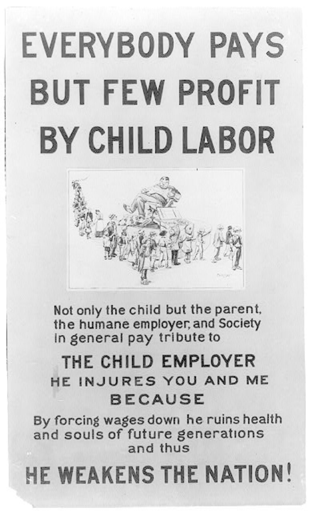 Schwarz-weiß-Plakat mit Text "Jeder zahlt, aber wenige profitieren von Kinderarbeit" mit einer Gruppe von Menschen, die gegen Kinderarbeit kämpfen.