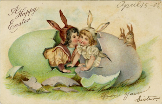 Altmodische Ostern-Postkarte mit zwei Kindern in einem Ei umgeben von Hasen, mit Text, der einen frohen Ostergruß wünscht.
