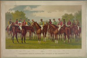 Gruppe von Menschen, die auf einem grünen Feld mit Bäumen und einem blauen Himmel reiten, mit Text unten: "Feier der siegreichen Pferde und Jockeys des American Turf".