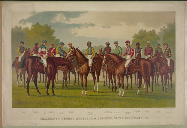 Gruppe von Menschen, die auf einem grünen Feld mit Bäumen und einem blauen Himmel reiten, mit Text unten: "Feier der siegreichen Pferde und Jockeys des American Turf".