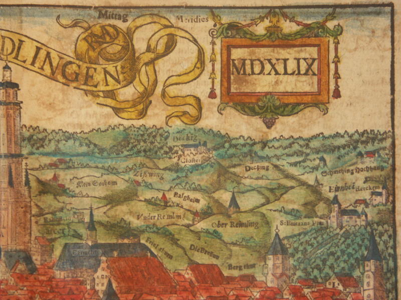 Ein altes Stadtplan von Dlingen, Deutschland, das detaillierte Gebäude, saftig grüne Bäume und dekorative Texte zeigt, mit verschiedenen Städten, Dörfern und umliegenden Landschaften.
