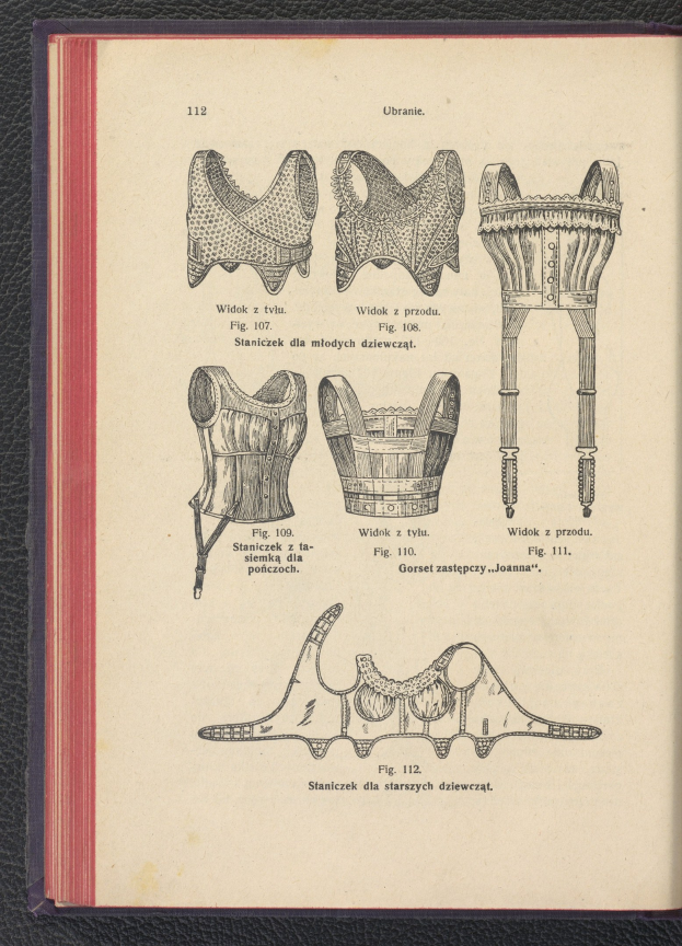 Ein aufgeschlagenes Buch mit Abbildungen verschiedener Korsettarten auf einem schwarzen Hintergrund, das detaillierte Informationen über Dessous enthält.