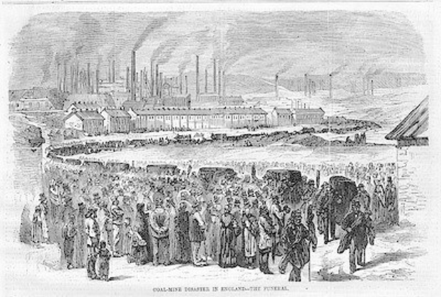 Schwarz-weiß-Zeichnung von Menschen vor einem Fabrikgebäude mit Häusern und Rauch aus Schornsteinen, beschriftet mit "Kohlebergbau-Katastrophe in England, das Ende".