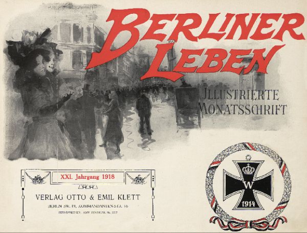 Ein altes Buchcover mit einer Gruppe von Menschen in feierlicher Stimmung, Text 'Berliner Leben' und einem Logo, das mit der deutschen Armee in Verbindung steht.