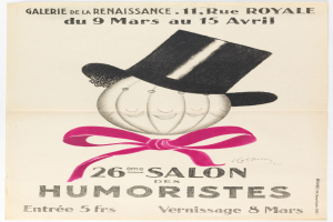 Plakat, das einen Salon mit einem Mann in einem Zylinder und Texten zur Beschreibung der Dienstleistungen zeigt.