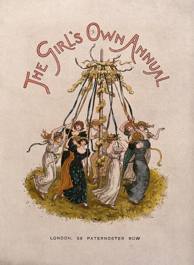 Ein Zeitungsausschnitt aus "The Girl's Own Annual", der eine Gruppe von Menschen in bunten Kleidern zeigt, die um einen geschmückten Maibaum tanzen.