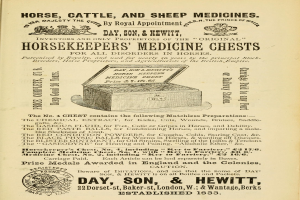 Ein altes Buch mit einem Coverbild eines Pferde-, Rinder- und Schafmedizin-Kastens, betitelt mit "Pferde-, Rinder- und Schafmedizin"