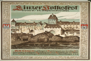 Plakat für ein Festival in Deutschland mit einer Illustration eines Schlosses umgeben von Häusern und Text mit Festivaldetails.