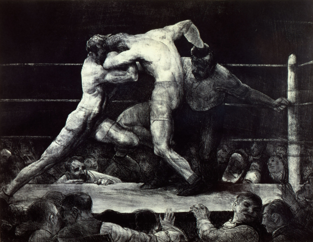 Schwarz-weiß-Zeichnung von zwei Boxern in einem Ring, die sich gegenseitig mit Faustschlägen traktieren, während eine jubelnde Menge zusieht.